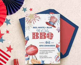 Independence Day BBQ Invitation printable template | Patriotic 4th of July Party Invite INSTANT DOWNLOAD A01
