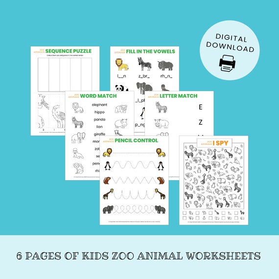 kids zoo animals worksheets i spy sequence puzzle word etsy ireland