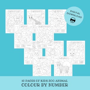 Paquete de 10 páginas para colorear de animales del zoológico para niños (colorea por números) / Libro imprimible para colorear por números, actividad de safari para el aula, DESCARGA INSTANTÁNEA Z01 imagen 2