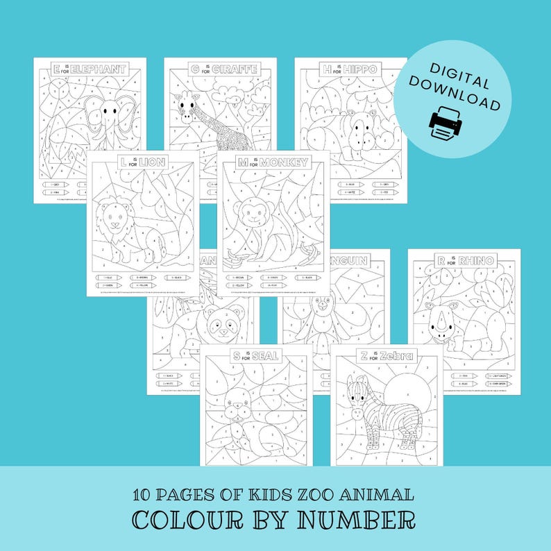 Paquete de 10 páginas para colorear de animales del zoológico para niños (colorea por números) / Libro imprimible para colorear por números, actividad de safari para el aula, DESCARGA INSTANTÁNEA Z01 imagen 2