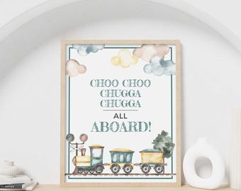 Letrero imprimible para fiesta de trenes vintage, decoración de mesa Choo Choo Chugga ¡Todos a bordo! / Letrero de bienvenida para fiesta 8 x 10, transporte para niños DESCARGA INSTANTÁNEA T01