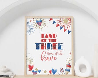 Feestbord van 4 juli, Land of the Three Home of the Brave afdrukbaar tafeldecor | Onafhankelijkheidsdag 3e verjaardag, INSTANT DOWNLOAD A02