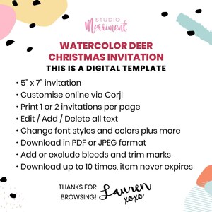 Christmas Party Invitation, Watercolor Forest Deer editable printable | Vintage farmhouse style instant download, DIY invite template C02 image 4