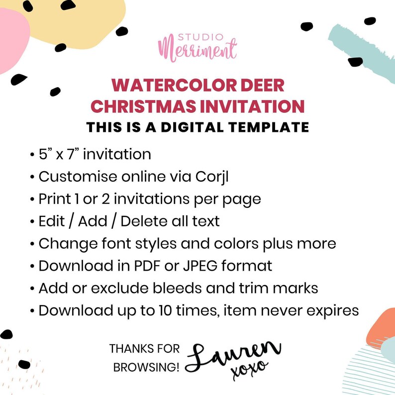 Christmas Party Invitation, Watercolor Forest Deer editable printable | Vintage farmhouse style instant download, DIY invite template C02 image 4
