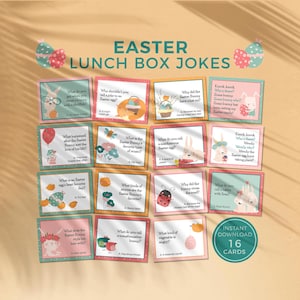 May include: A set of 16 printable Easter-themed lunch box jokes featuring a bunny rabbit, a ladybug, a bee, and an egg. The cards are pink, green, and yellow with a white background. The text on the cards includes questions and answers about Easter traditions and the Easter Bunny.