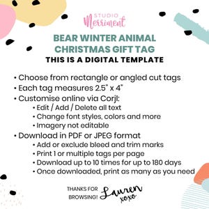 Christmas Gift Tag Printable Bear, editable instant download | Cute animal favor school friend classmate teacher | Custom DIY template W01 image 5