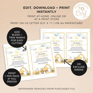 Construction Thank You Card, editable printable | Boys dump truck + digger Birthday party, excavator DIY template, Instant Download C03 image 3