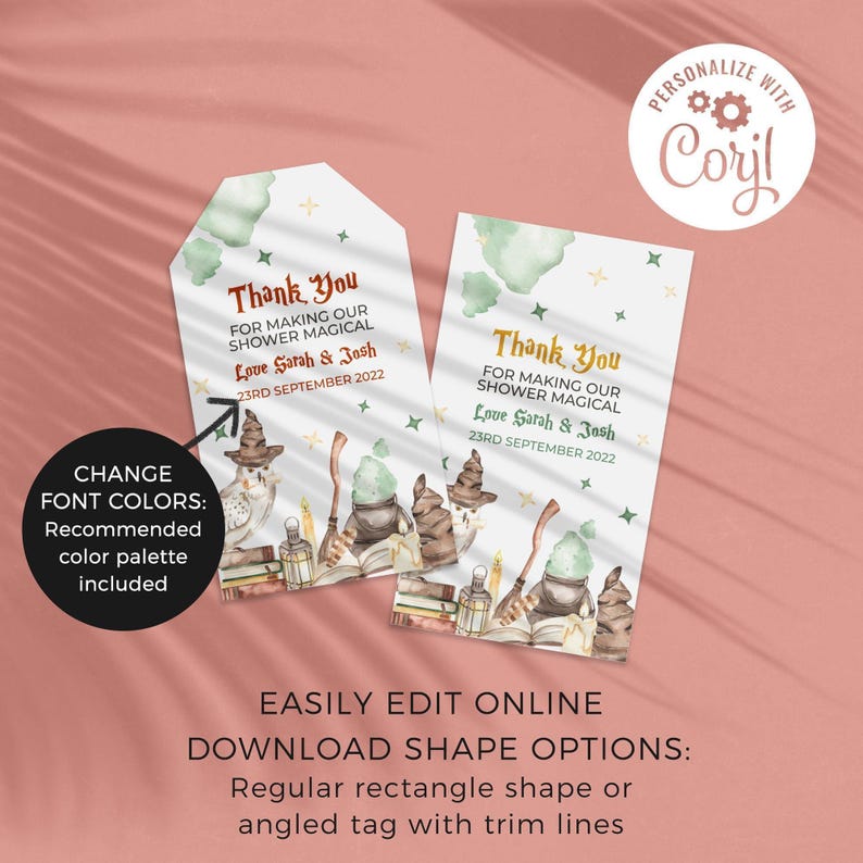 Baby Shower Witch + Wizard Favor Tag editable printable | Magic custom thank you card, magician party DIY template, instant download W02 image 3