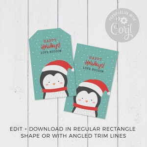 Christmas Gift Tag Printable Penguin editable instant download | Cute animal favor school friend classmate teacher | Custom DIY template W01 image 2