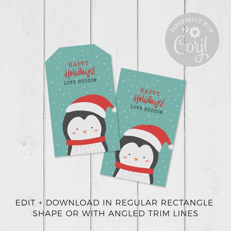 Christmas Gift Tag Printable Penguin editable instant download | Cute animal favor school friend classmate teacher | Custom DIY template W01 image 2