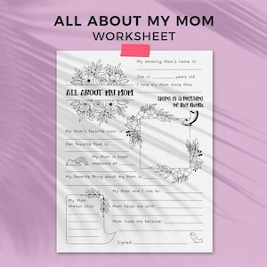 All About Mom Mother's Day printable gift questionnaire | Fill in the blank Mothers Day gift, kids classroom activity, INSTANT DOWNLOAD M01