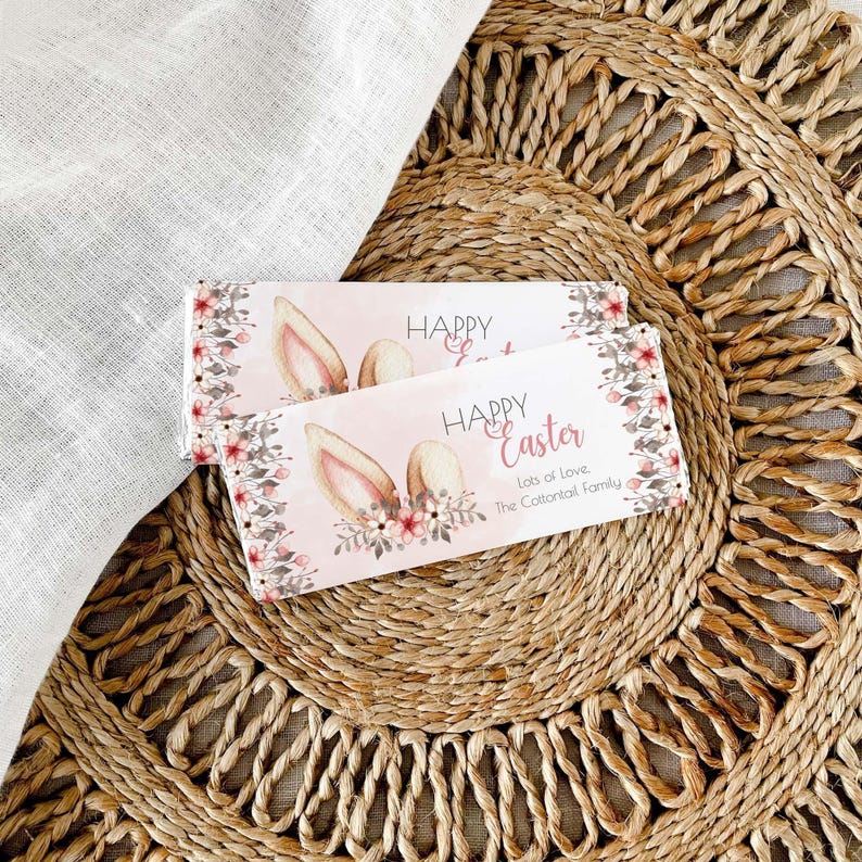 Editable Easter Candy Bar Wrapper, printable chocolate wrap | DIY pink boho flower bunny ears favor label | Instant download template E02 image 1