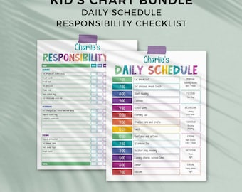 Rainbow Editable Chart Bundle for Kids, Daily Schedule + Responsibility Checklist | Printable Daily + Weekly routine INSTANT DOWNLOAD C01