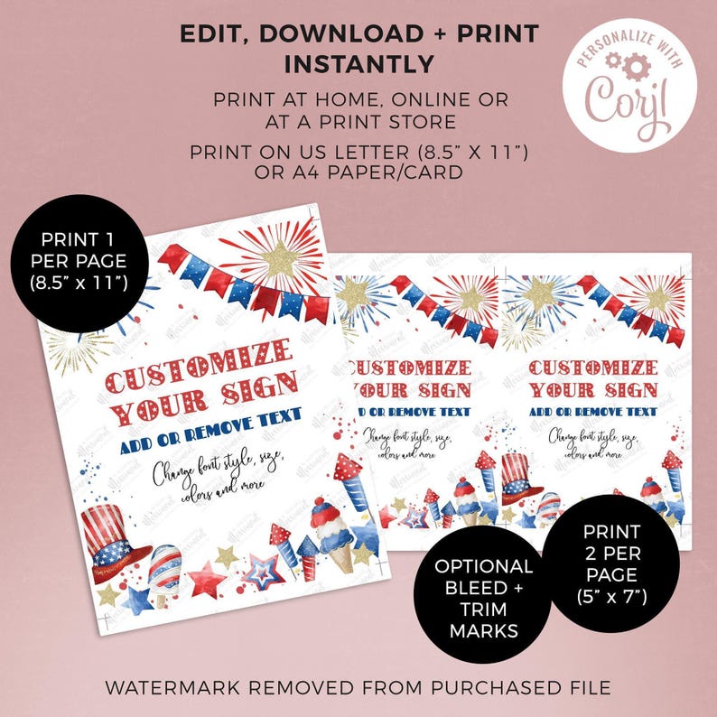 Editable 4th of July Party Sign printable template | Independence Day patriotic fireworks 8 x10 custom table decor, DIY Instant Download A01 image 4