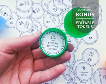 May include: A bright green plastic egg container holding a circular white token with a black rabbit icon and the text 1 EXTRA BEDTIME STORY. Surrounding the container are numerous identical circular tokens featuring various activity labels.