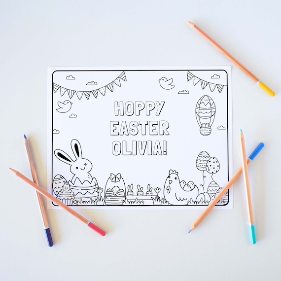 Editable Kids Easter Coloring Sheet, printable placemat page | Happy Easter activity mat template, party table decor, instant download E03 Il_570xn