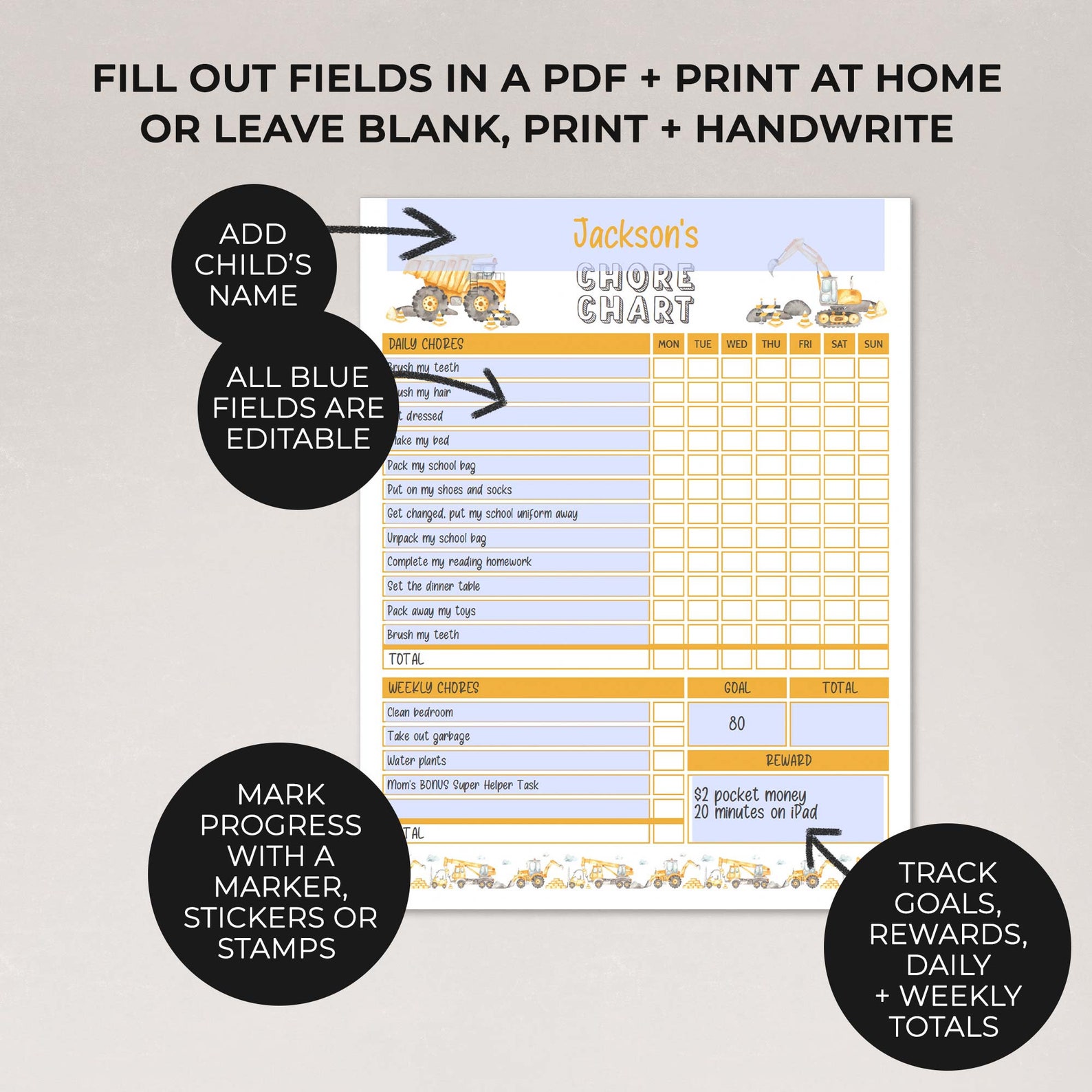 Construction Editable Chart Bundle for Kids, Daily Schedule + Chore ...