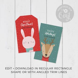 Christmas Gift Tag Printable Bundle editable instant download, cute deer bunny raccoon | Custom DIY template favor school friend teacher W01 image 2