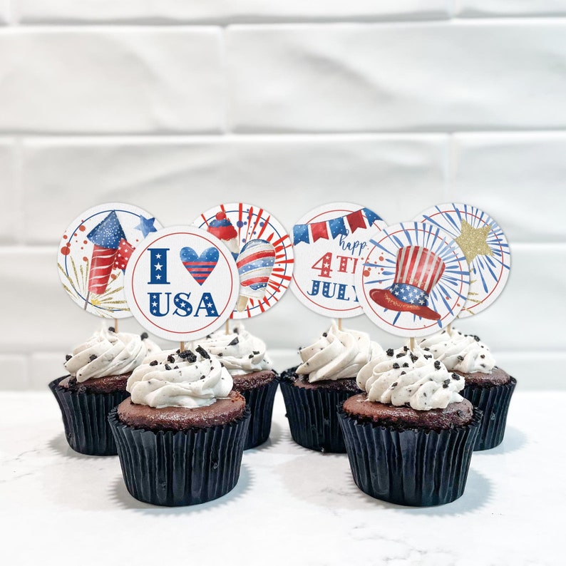 4th of July Cupcake Toppers, Printable Cake Decor Independence Day