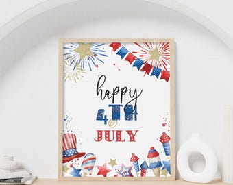 May include: A framed wall art print featuring the text Happy 4th of July in black, blue, and red. The design includes watercolor illustrations of gold stars, red and blue fireworks, a striped top hat, and ice cream cones in red, white, and blue.