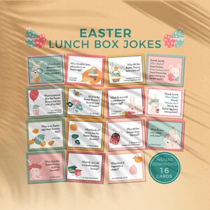 May include: A set of 16 Easter lunch box joke cards with colorful illustrations and puns. The cards feature images of bunnies, eggs, and other Easter-themed graphics. The text on the cards includes jokes and punchlines.