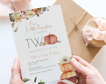 Fall Second Birthday Invitation for a girl, our little pumpkin is turning two editable printable | 2nd Birthday invite INSTANT DOWNLOAD F02