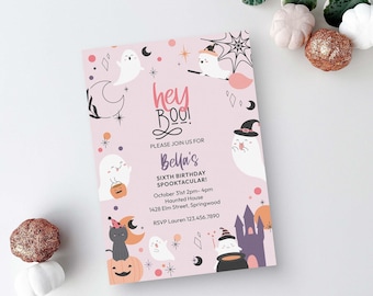 May include: A rectangular Halloween birthday invitation on a light pink background featuring ghosts, a black cat, a purple castle, and pumpkins. The text reads: hey BOO! PLEASE JOIN US FOR Bella's SIXTH BIRTHDAY SPOOKTACULAR! October 31st 2pm- 4pm Haunted House 1428 Elm Street, Springwood RSVP Lauren 123.456.7890.