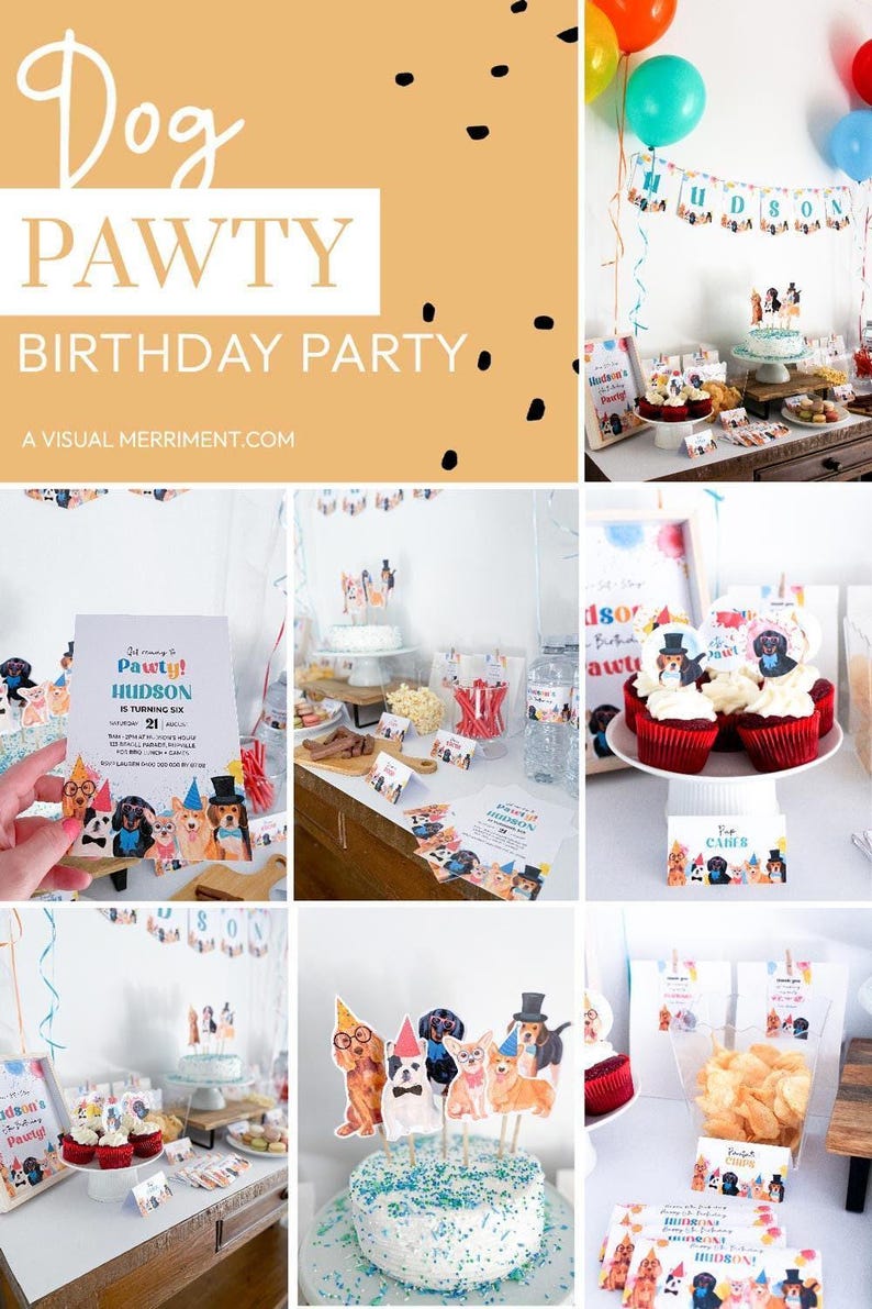 Dog Party, Puppy Pawty Birthday Editable Bundle | Printable boys or girls colorful paint theme, DIY template kit, instant download D02 image 4