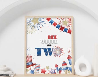 Feestbord 4 juli, vuurwerk rood wit en twee afdrukbaar tafeldecor | Onafhankelijkheidsdag 2e verjaardag welkomstbord INSTANT DOWNLOAD A02