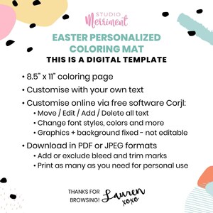Editable Kids Easter Coloring Sheet, printable placemat page | Happy Easter activity mat template, party table decor, instant download E03 image 3