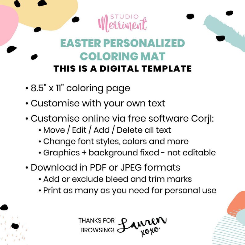 Editable Kids Easter Coloring Sheet, printable placemat page | Happy Easter activity mat template, party table decor, instant download E03 image 3