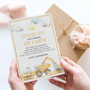 Construction Thank You Card, editable printable | Boys dump truck + digger Birthday party, excavator DIY template, Instant Download C03 image 2