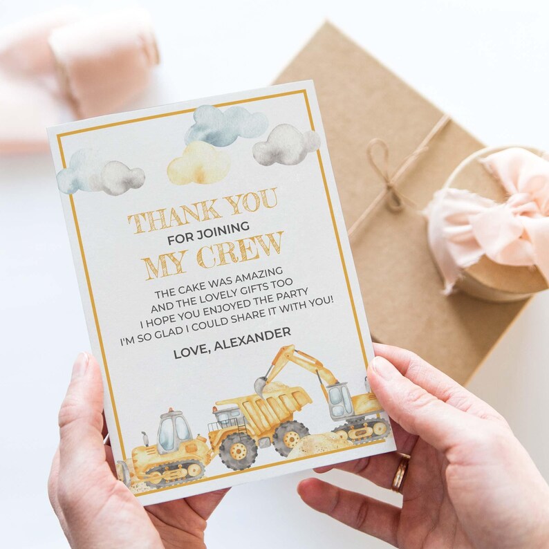 Construction Thank You Card, editable printable | Boys dump truck + digger Birthday party, excavator DIY template, Instant Download C03 image 2