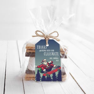 Christmas Gift Tag, Skateboarding Cool Santa editable printable | Friend, classmate or student custom thank you tag favor, DIY template C05 image 1