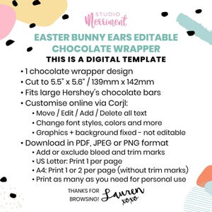 Editable Easter Candy Bar Wrapper, printable chocolate wrap | DIY pink boho flower bunny ears favor label | Instant download template E02 image 5