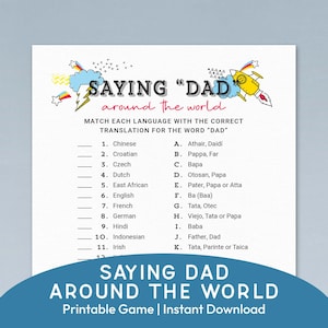 Fathers Day Game, Around the World printable | Saying Dad in different languages family fun INSTANT DOWNLOAD F01