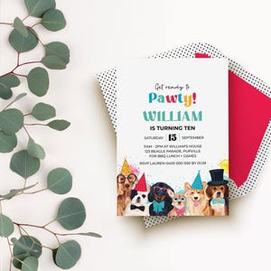 Hunde-Party-Einladung, Welpe Pawty einladen | Geburtstag bearbeitbare druckbare Jungen oder Mädchen | Wasserfarben Tier DIY Template, Sofortdownload D02 Bild 1