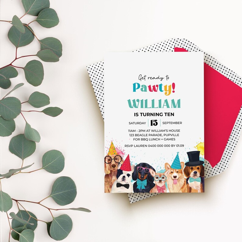 Hunde-Party-Einladung, Welpe Pawty einladen | Geburtstag bearbeitbare druckbare Jungen oder Mädchen | Wasserfarben Tier DIY Template, Sofortdownload D02 Bild 1