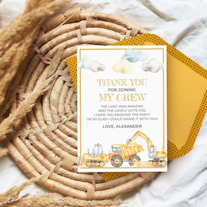 Construction Thank You Card, editable printable | Boys dump truck + digger Birthday party, excavator DIY template, Instant Download C03 image 1