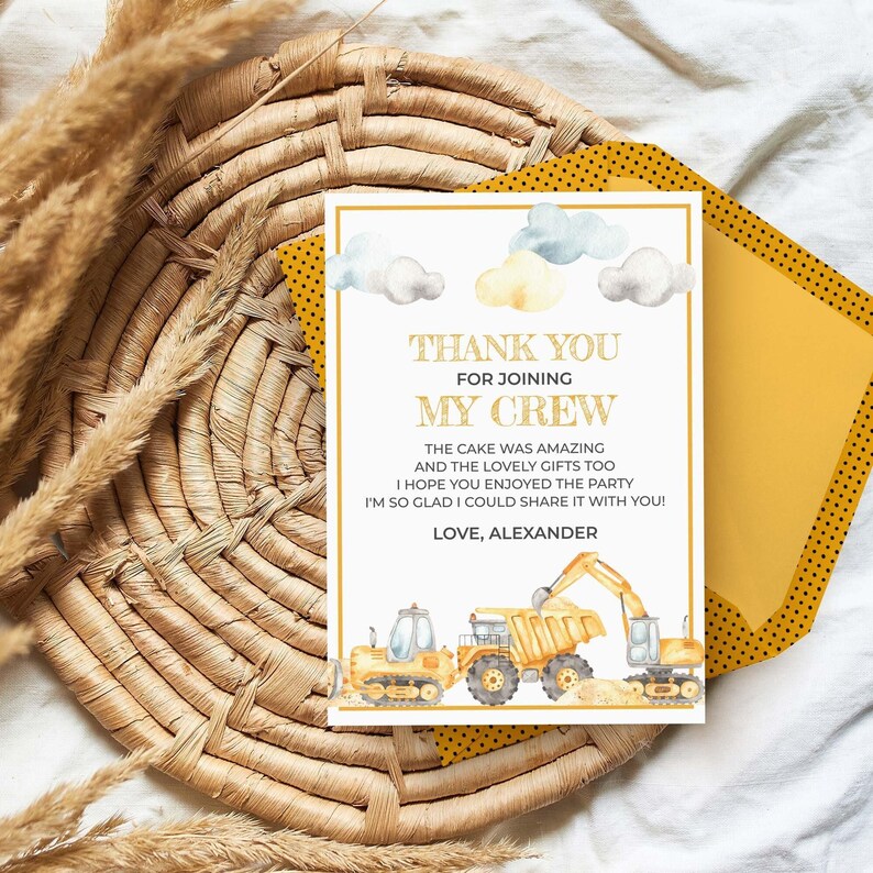 Construction Thank You Card, editable printable | Boys dump truck + digger Birthday party, excavator DIY template, Instant Download C03 image 1