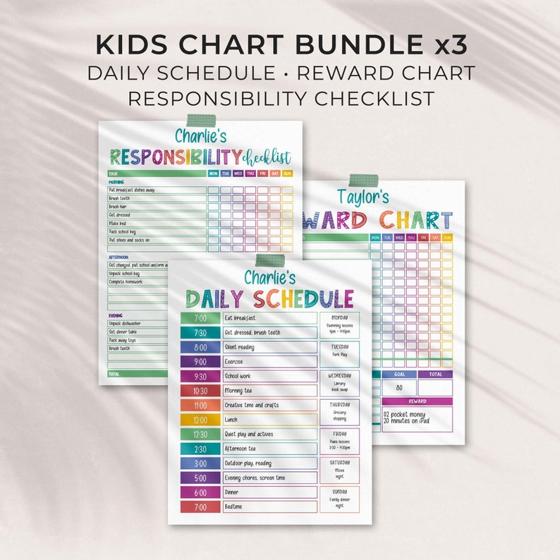 Rainbow Editable Chart Bundle for Kids: Daily Schedule, Reward Chart, Responsibility Checklist Printable Weekly Routine INSTANT DOWNLOAD C01 image 1