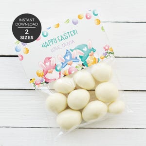 Editable Easter Bag Topper, printable favor treat tag Happy Easter spring gnomes | Easter egg basket cookie template instant download E04 image 1