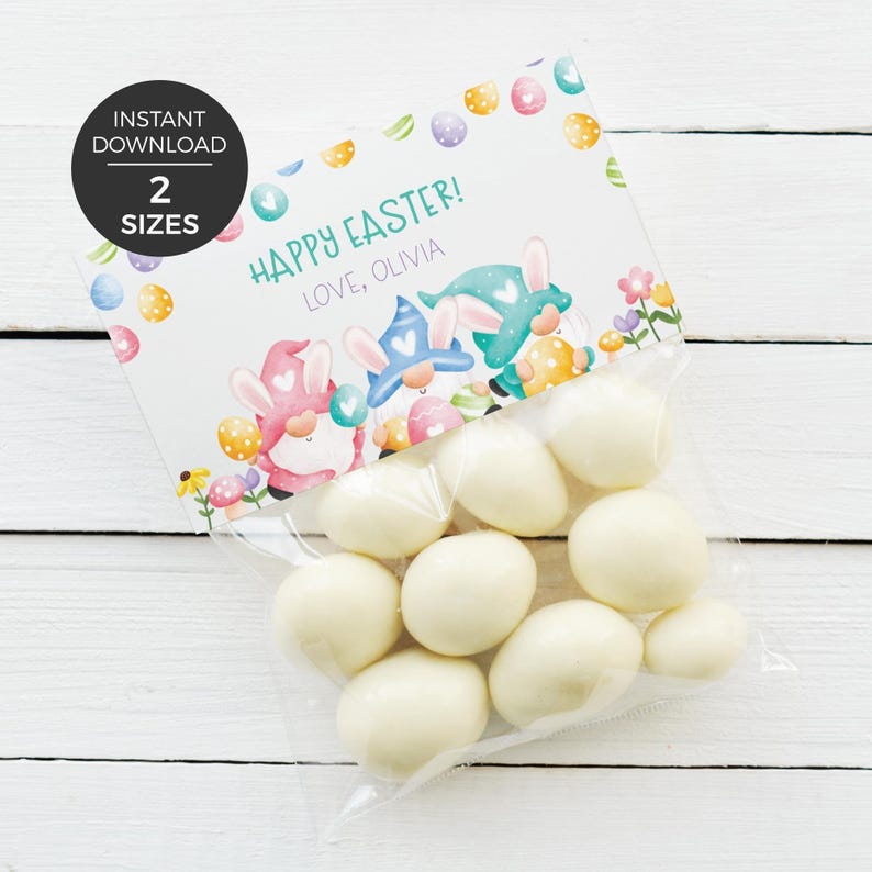 Editable Easter Bag Topper, printable favor treat tag Happy Easter spring gnomes | Easter egg basket cookie template instant download E04 image 1