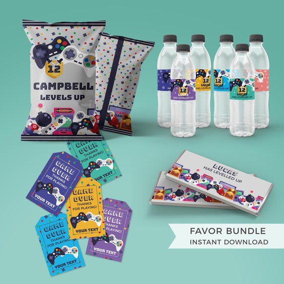 Gamer Party editable favors bundle | Retro arcade video gaming Birthday instant download | Chip Bag, Bottle Labels, Candy Wrapper, Tags G01 Il_570xn