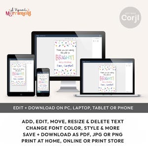 a collage of four different devices, including a computer, tablet, and smartphone, all showing the same colorful design with text. The devices are arranged in a row, with the computer and tablet on the left and the smartphone on the right. The image also includes text instructions for editing and printing the design, as well as options for saving and printing the final product.
