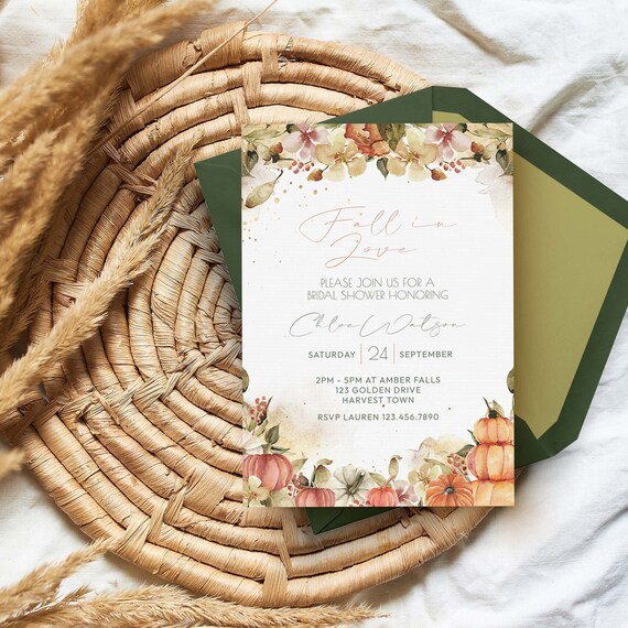 Fall in Love Bridal Shower Invitation, editable printable | Wedding invite, pumpkin autumn flower | DIY template INSTANT DOWNLOAD F02 Il_570xn