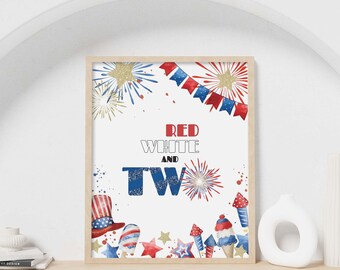 4th of July Party Sign, Fireworks Red White & Two printable table decor | Independence Day 2nd Birthday welcome sign INSTANT DOWNLOAD A02
