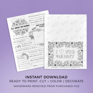 Love You Nanny Printable Coloring Grandmother Card All About Nanny Mother's Day gift, DIY kids classroom activity, INSTANT DOWNLOAD M01 image 5