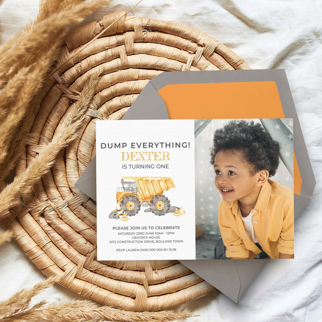 Dump Truck Birthday Photo Invitation, Boys Construction Party Theme ...