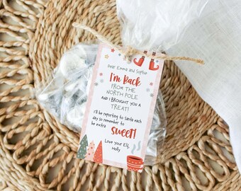 May include: A clear plastic treat bag filled with small candies, tied with twine and a rectangular paper tag. The tag features red and black text reading "I'm Back From The North Pole" with illustrations of elf legs, colorful Christmas trees, and a mug.